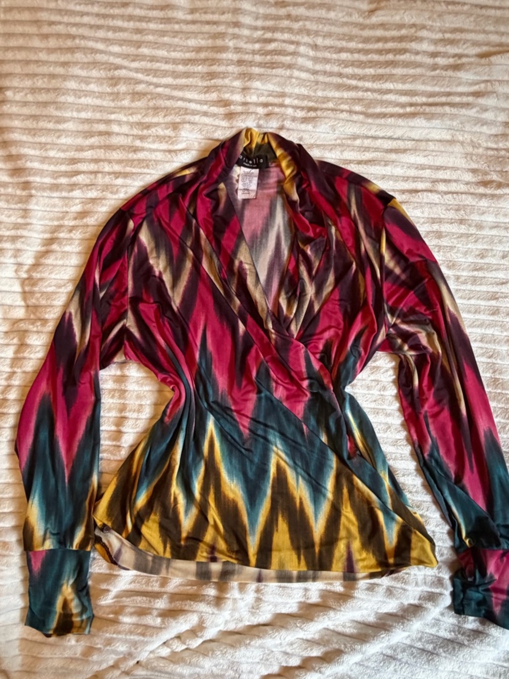 Ariella Multicolor Wrap Blouse in Burgundy, Teal & Mustard